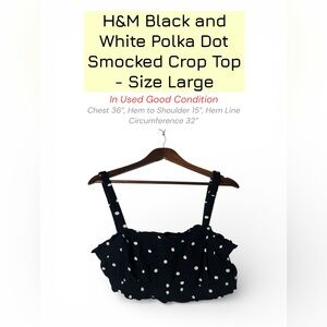 H&M Black Polka Dot Crop Top Smocked Crinkle Ruffle Hem Summer Top Womens Trendy